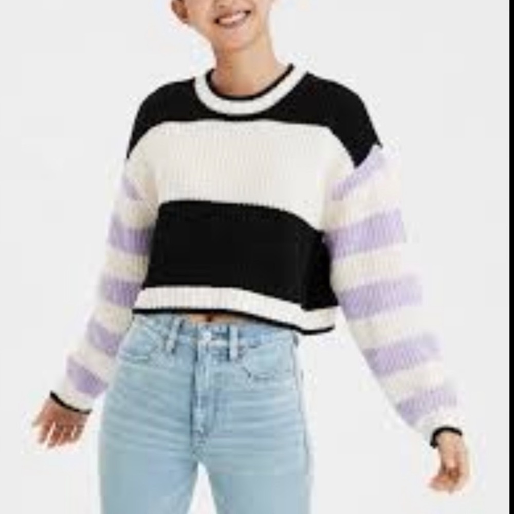 American Eagle striped knit crew neck cropped sweater black white purple - Picture 2 of 7